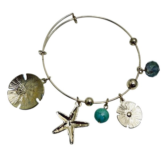 Beach Theme Gold Tone Bangle Bracelet W/Sand Dollar, Starfish & Bead Charms 5512 - Picture 4 of 4